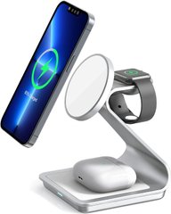 Беспроводная зарядка алюминиевая 3 в 1 для iPhone с MagSafe + Apple Watch + AirPods - Серебристая