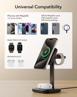Бездротова зарядна станція ESR Qi2 15W 3-in-1 Wireless Charging Station (HaloLock) - Black