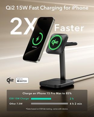 Бездротова зарядна станція ESR Qi2 15W 3-in-1 Wireless Charging Station (HaloLock) - Black