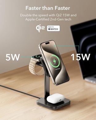 Бездротова зарядна станція ESR Qi2 15W 3-in-1 Wireless Charging Station (HaloLock) - Black