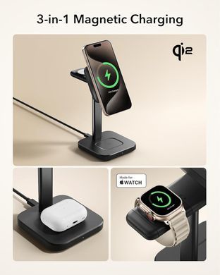 Бездротова зарядна станція ESR Qi2 15W 3-in-1 Wireless Charging Station (HaloLock) - Black