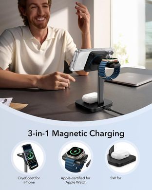 Бездротова зарядна станція ESR 15W 3-in-1 Wireless Charging Station with CryoBoost (HaloLock) - Black
