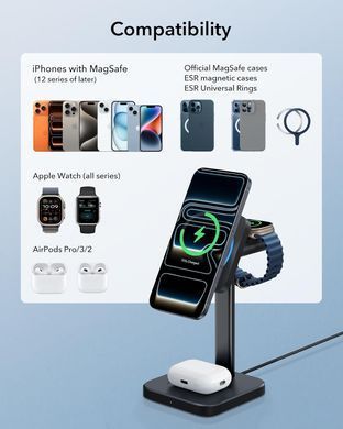 Бездротова зарядна станція ESR 15W 3-in-1 Wireless Charging Station with CryoBoost (HaloLock) - Black