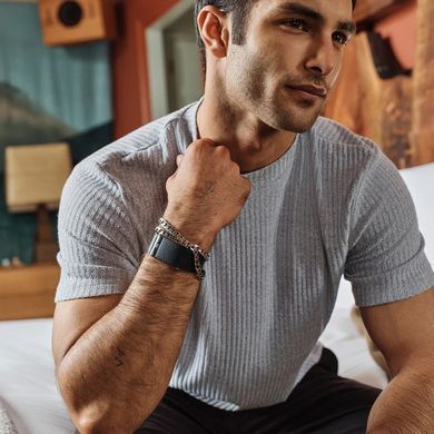Ремешок Whoop LeatherLuxe Straight Band | Black/Cream with Titanium L/XL для Whoop 5.0 One/Peak/MG Life
