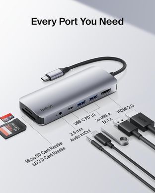 Адаптер Belkin USB-C Hub 7-in-1 Multiport Adapter - HDMI, USB-C, USB-A, SD Card & MicroSD Card Slots, 3.5mm Audio Jack